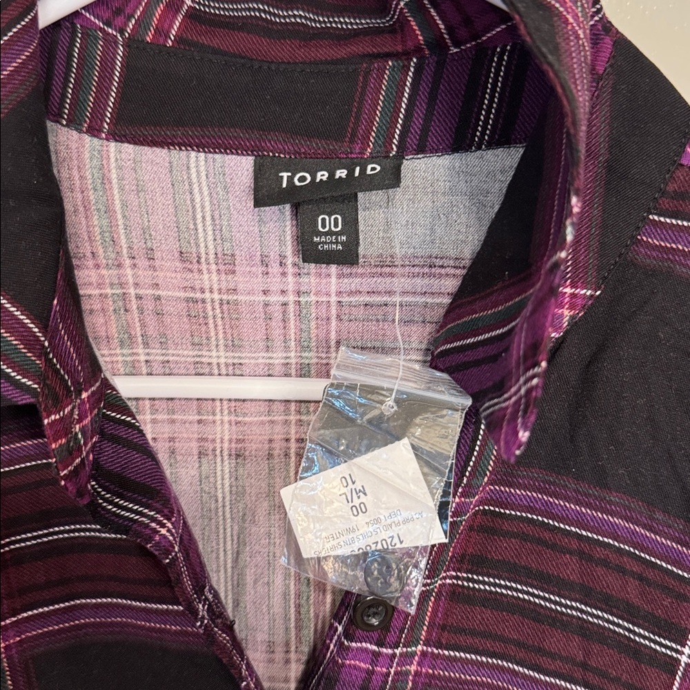 TORRID: Purple Plaid Mini Challis Button-Front Shirt Dress - Picture 6 of 10